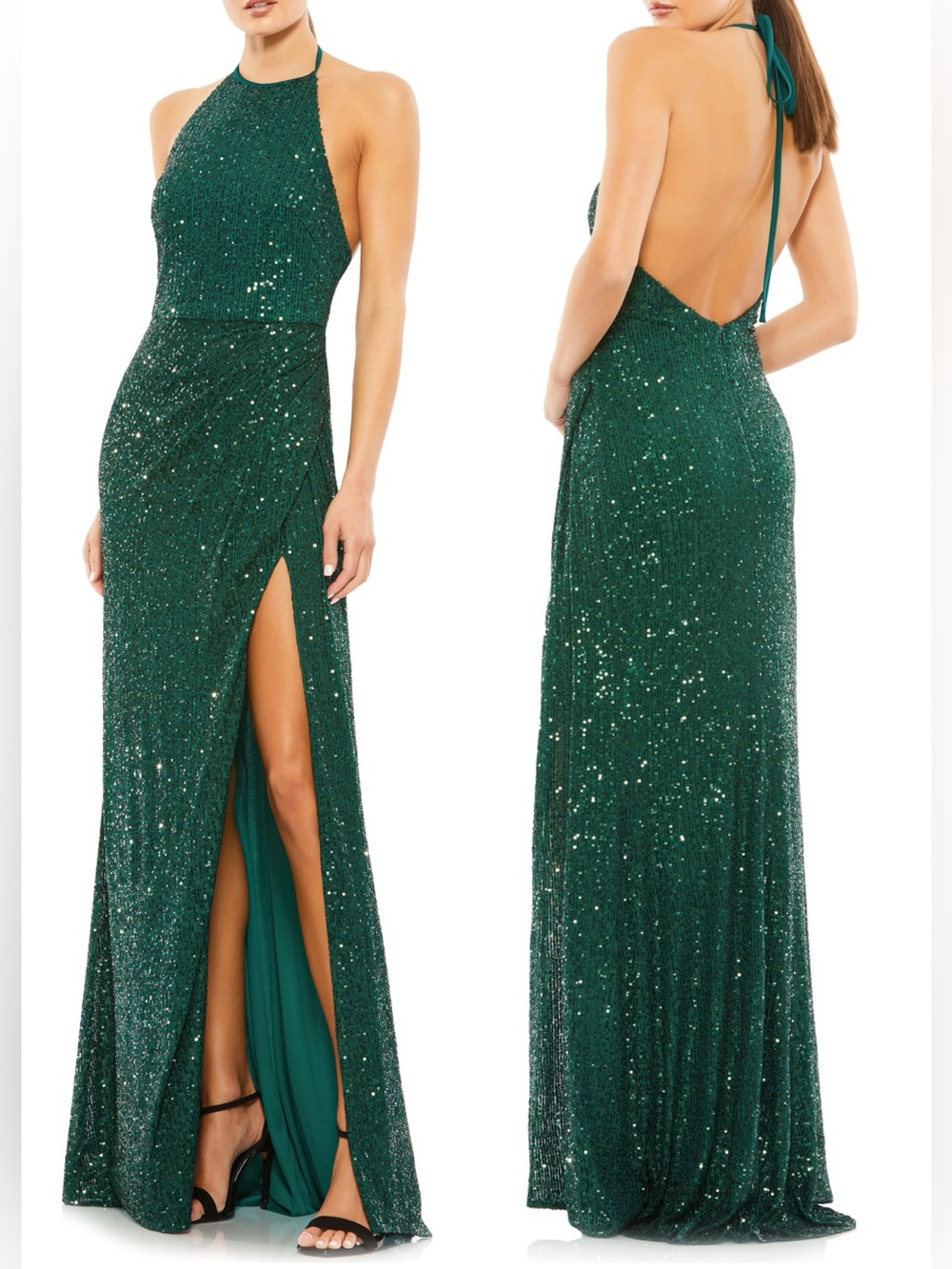 NWT Ieena Mac Duggal A26622 Sequin Open Back Halter Neck Gown Maxi Dress Sz 14